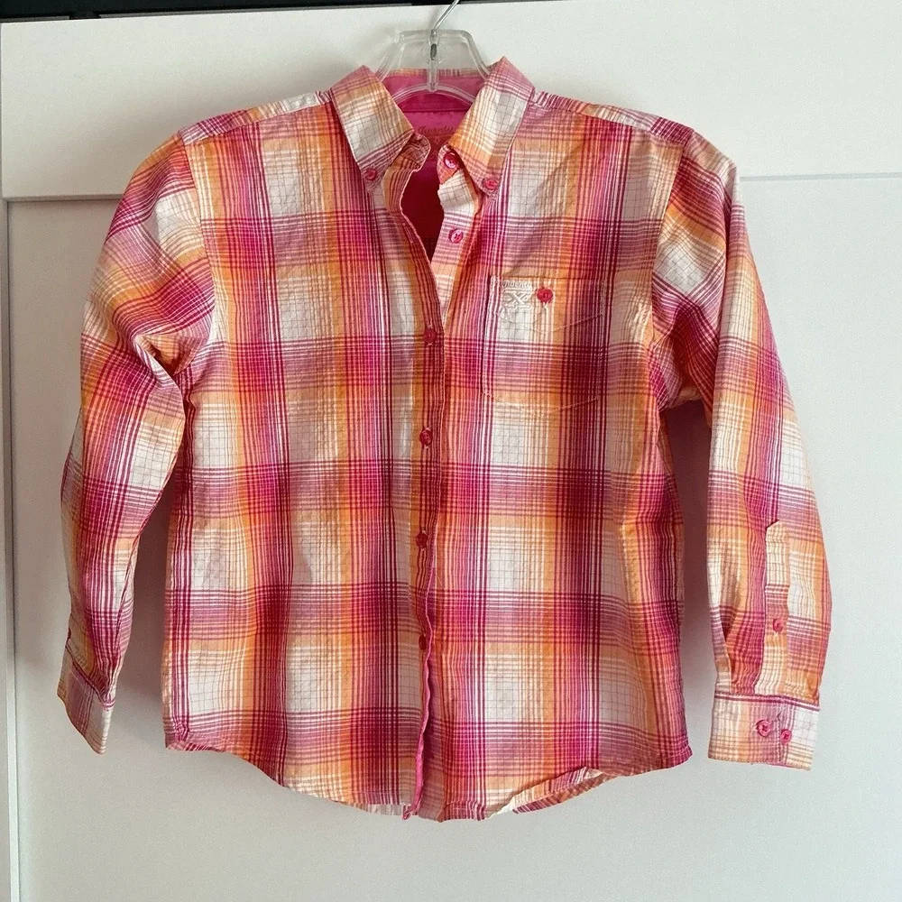 Twenty X Button‎ Down Plaid Pink Long Sleeve Shirt Youth Sz L Rodeo Western